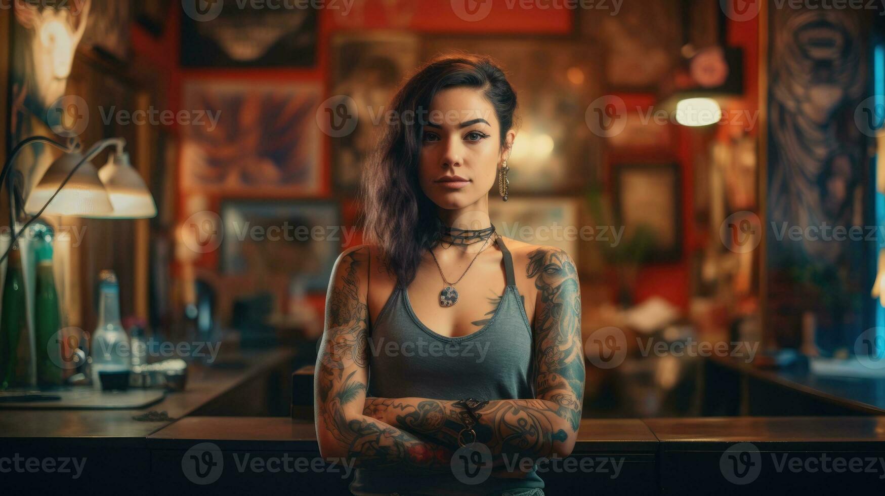 Young attractive female tattoo artist in a tattoo parlor. AI Generative photo