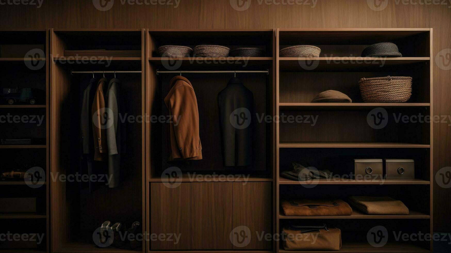 Modern dressing room for men. Modern wardrobe with stylish clo AI Generativethes photo