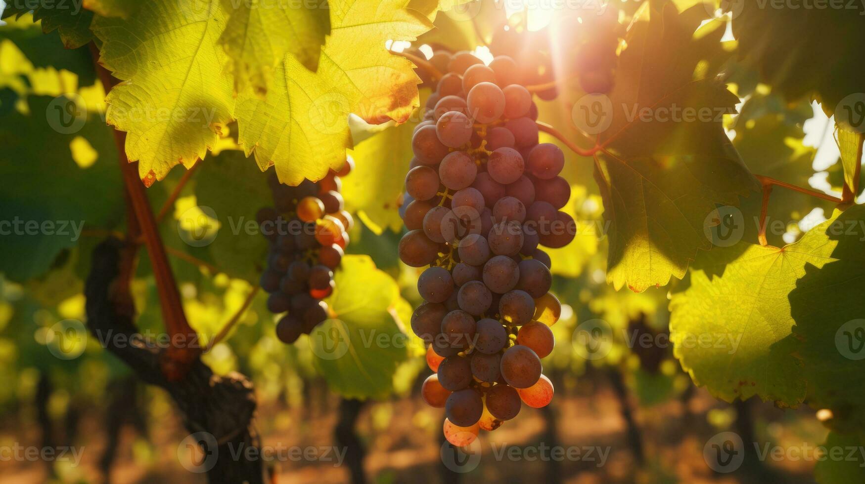 Close-up of grapes, vineyard against the background in the light of the sun AI Generative photo