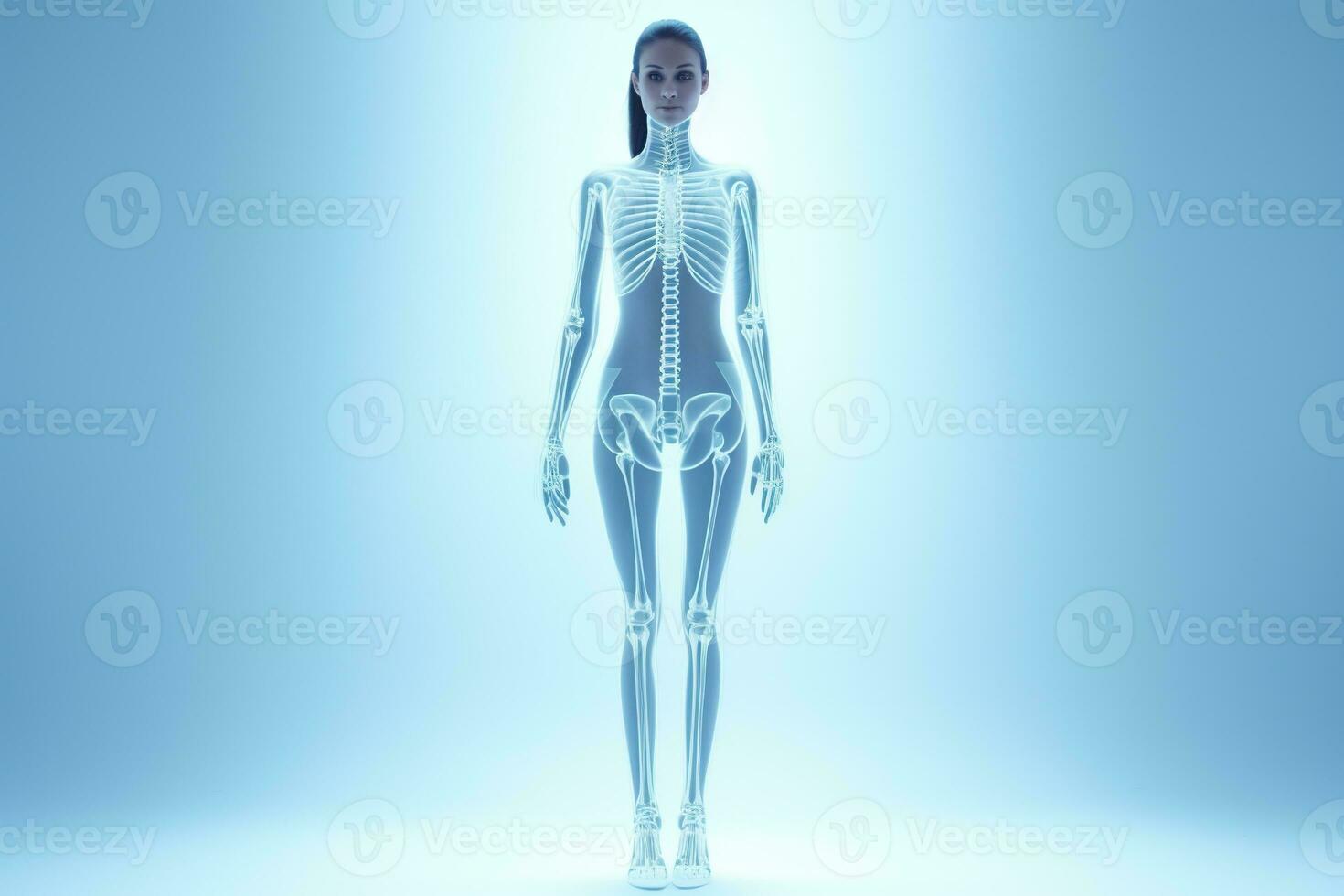 Full body x-ray of a female robot against a blue background. Generated by artificial intelligence photo