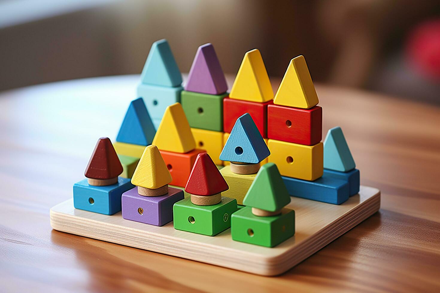 Colorful wooden toys. Wooden geometric shapes on a wooden table. Wooden play set. Generated by artificial intelligence photo