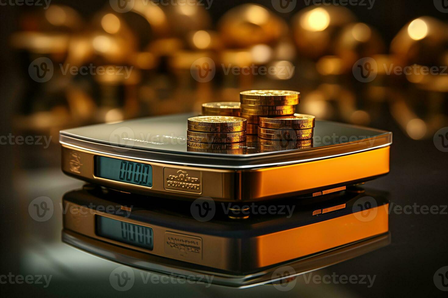 Electronic scales with gold coins on them stand on the table, blurred background. Generated by artificial intelligence photo