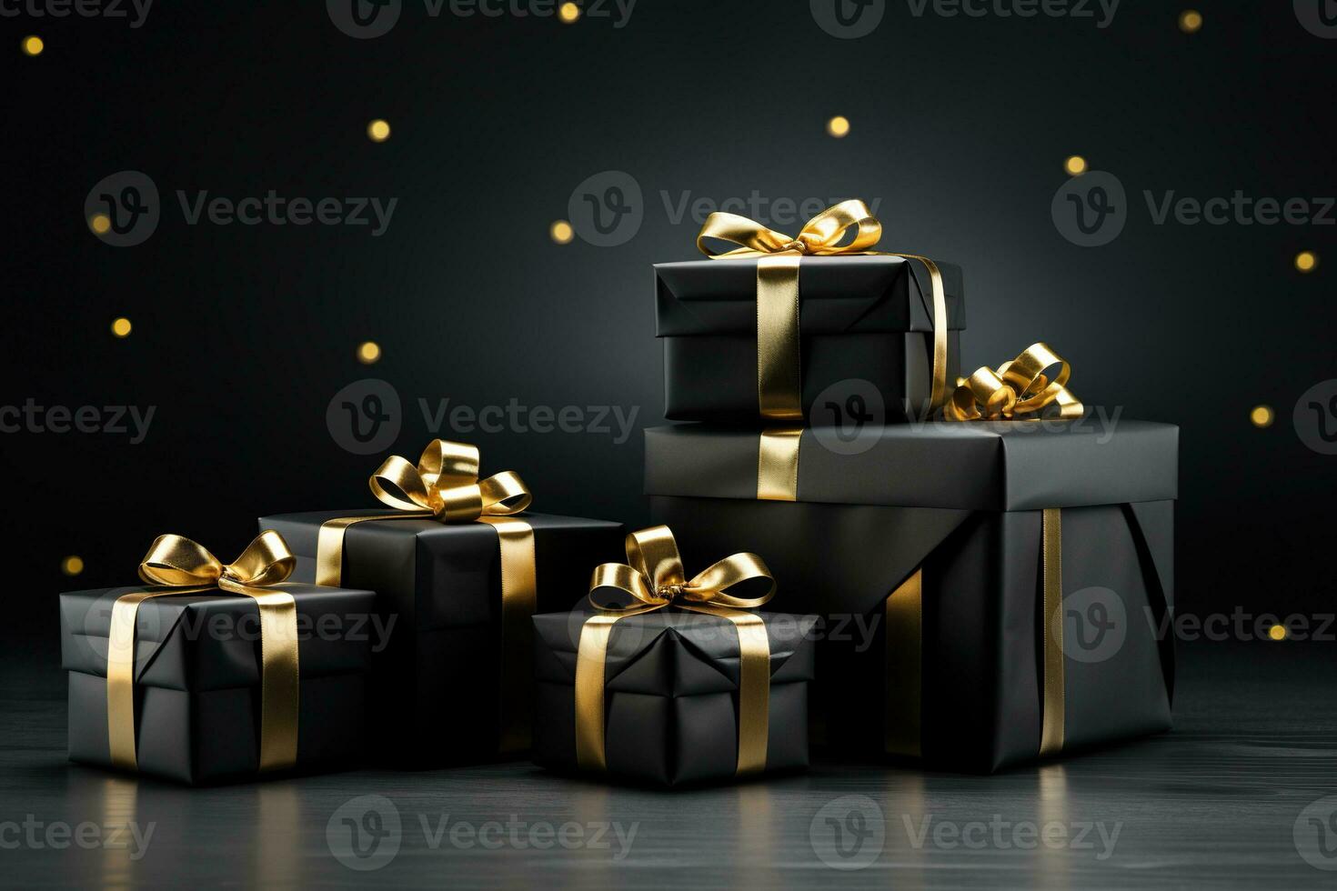 Black gift boxes with gold ribbon bow tag and golden confetti on isolated black background. Discounts, sales, black Friday. Generated by artificial intelligence photo