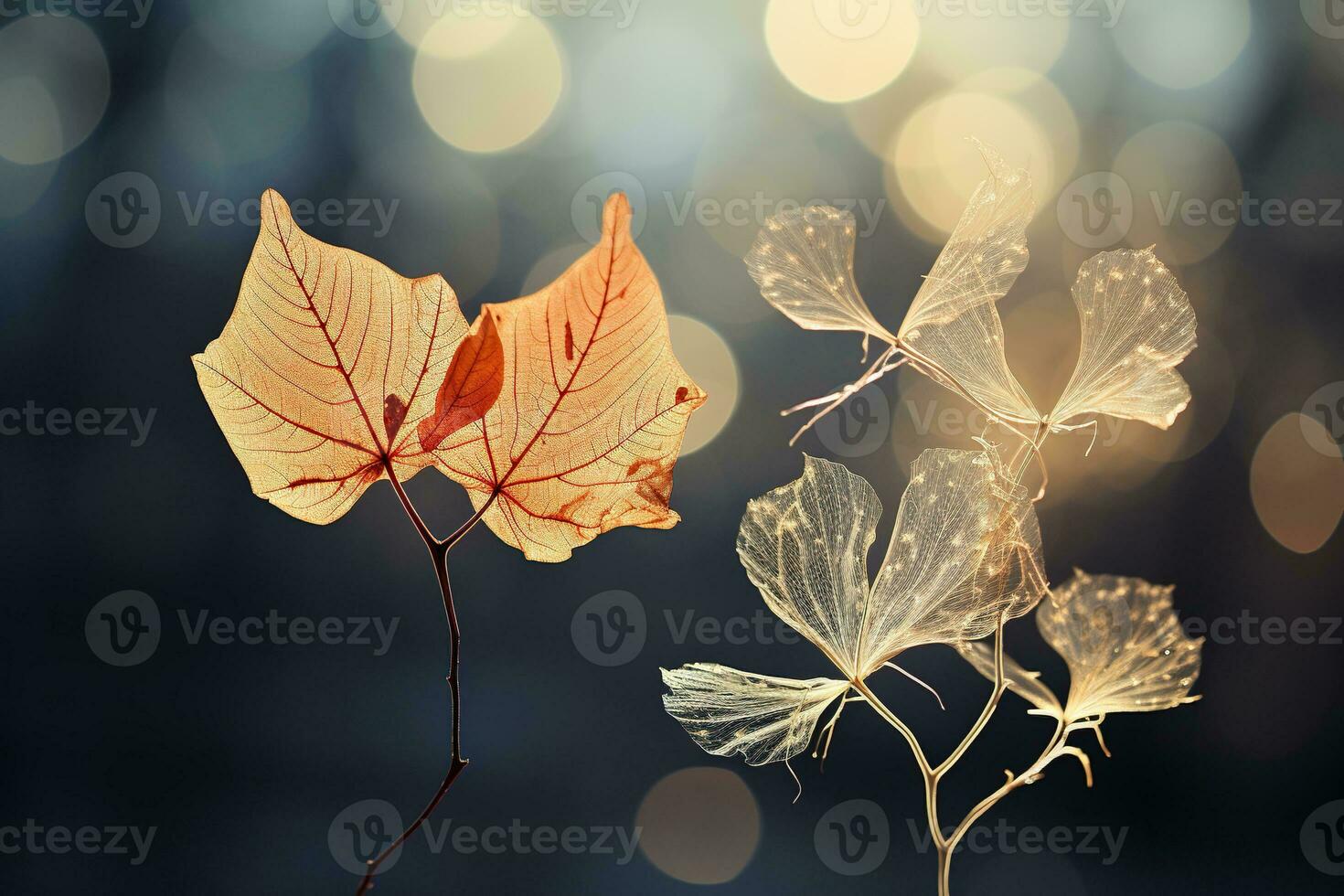 Branch with autumn withering leaves on a background of golden bokeh. Generated by artificial intelligence photo