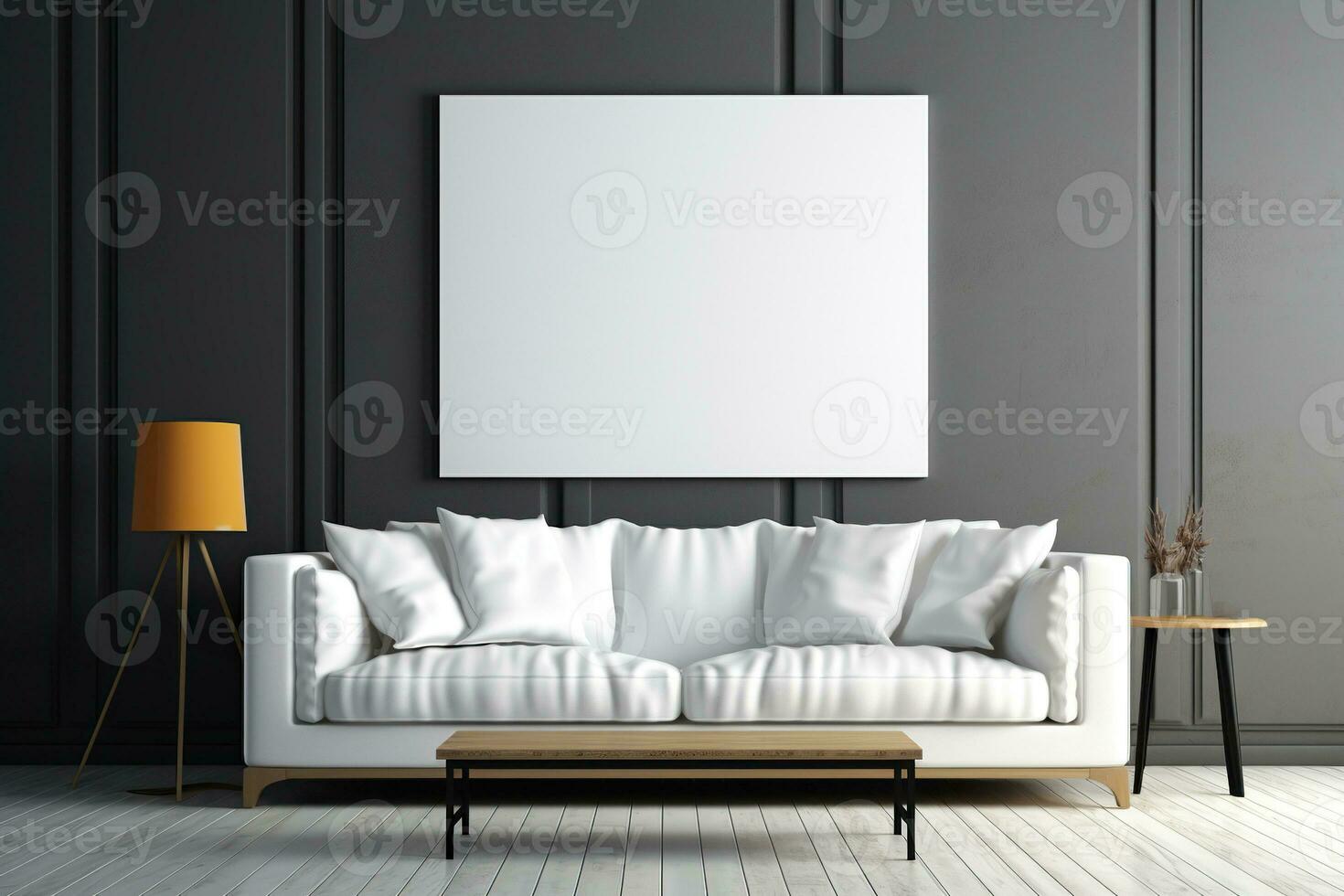 Modern white leather sofa with legs and cushions in a minimalist living room with black walls, a loft table and a yellow lamp. Modern living room interior. Generated by artificial intelligence photo