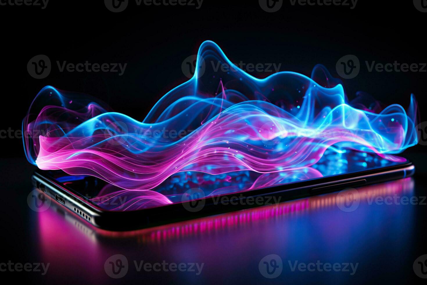 Abstract image of neon sound waves over a smartphone on a dark background. Music and entertainment concept. Generated by artificial intelligence photo