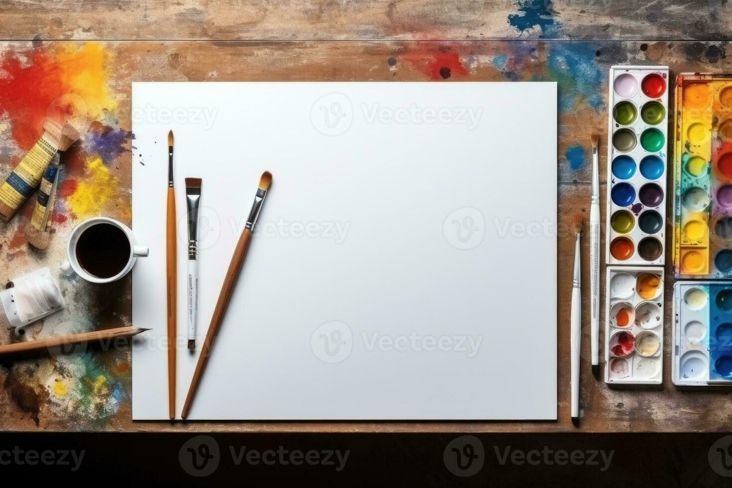 Blank sheet for drawing with paints and brushes on a colorful background. Art. Generated by artificial intelligence photo