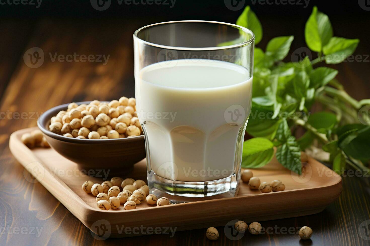 Soy milk and soy bean on wooden background. Healthy eating concept. Generated by artificial intelligence photo