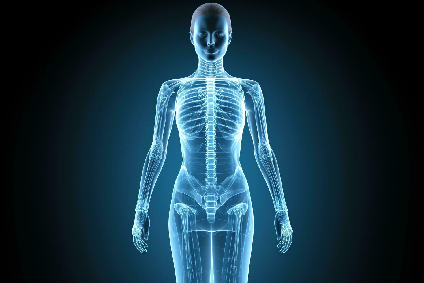 Full body x-ray of a female robot against a dark background. Generated by artificial intelligence photo