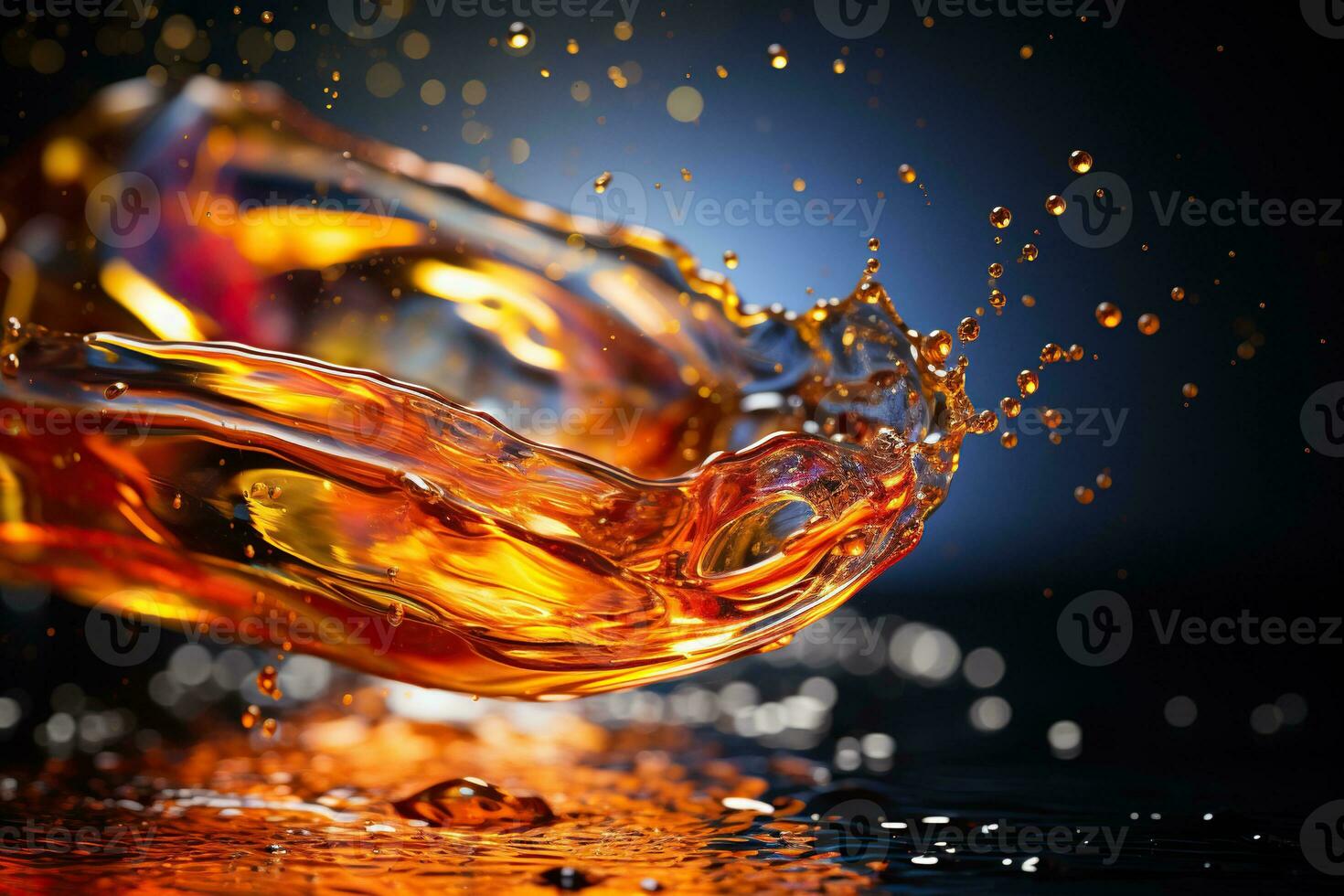 Splash of water in rays of light. Transparent amber color liquid splash.Generated by artificial intelligence photo