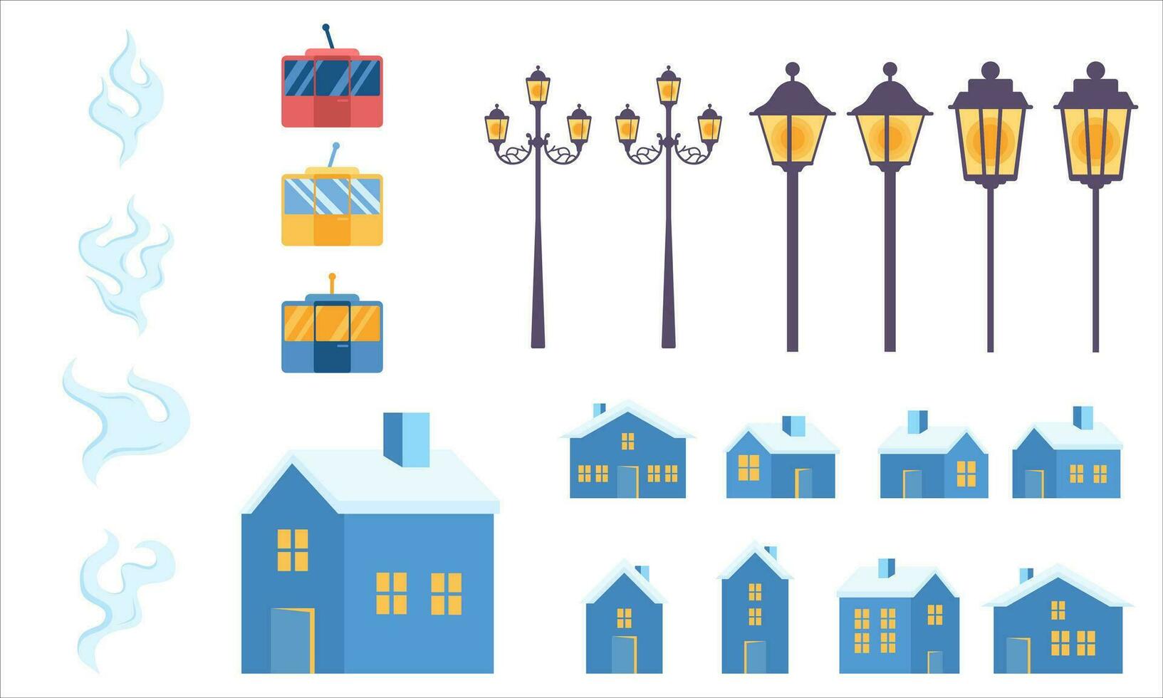 set of Winter houses collection. Cartoon snow home and park lamp vector