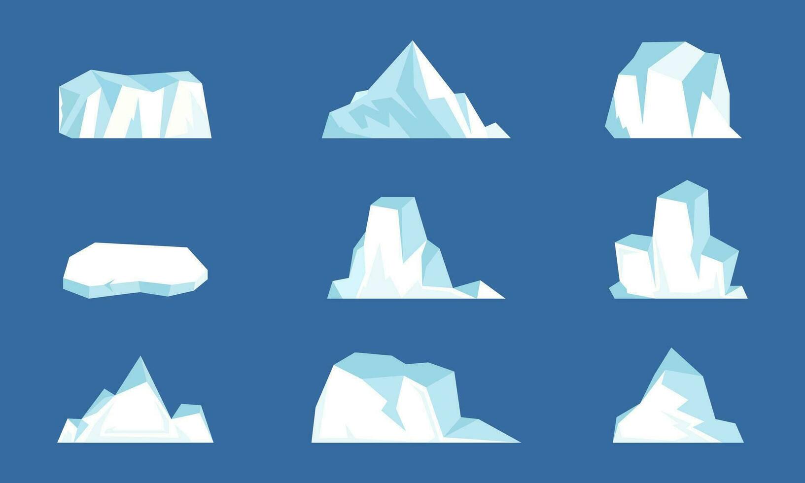 iceberg recopilación. flotante hielo montaña, dibujos animados glaciar en ártico Oceano agua o norte mar, congelado polar glacial fragmento derritiendo glacial rock cima. vector conjunto de hielo flotante iceberg ilustración