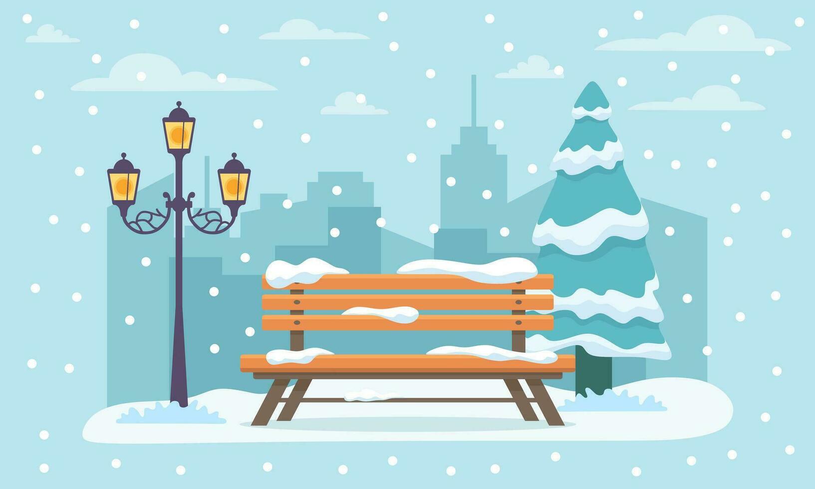 invierno ciudad parque con nieve y ciudad silueta. banco en invierno ciudad parque, invierno Días festivos concepto en plano dibujos animados estilo. ciudad parque paisaje bandera. urbano exterior. vector ilustración