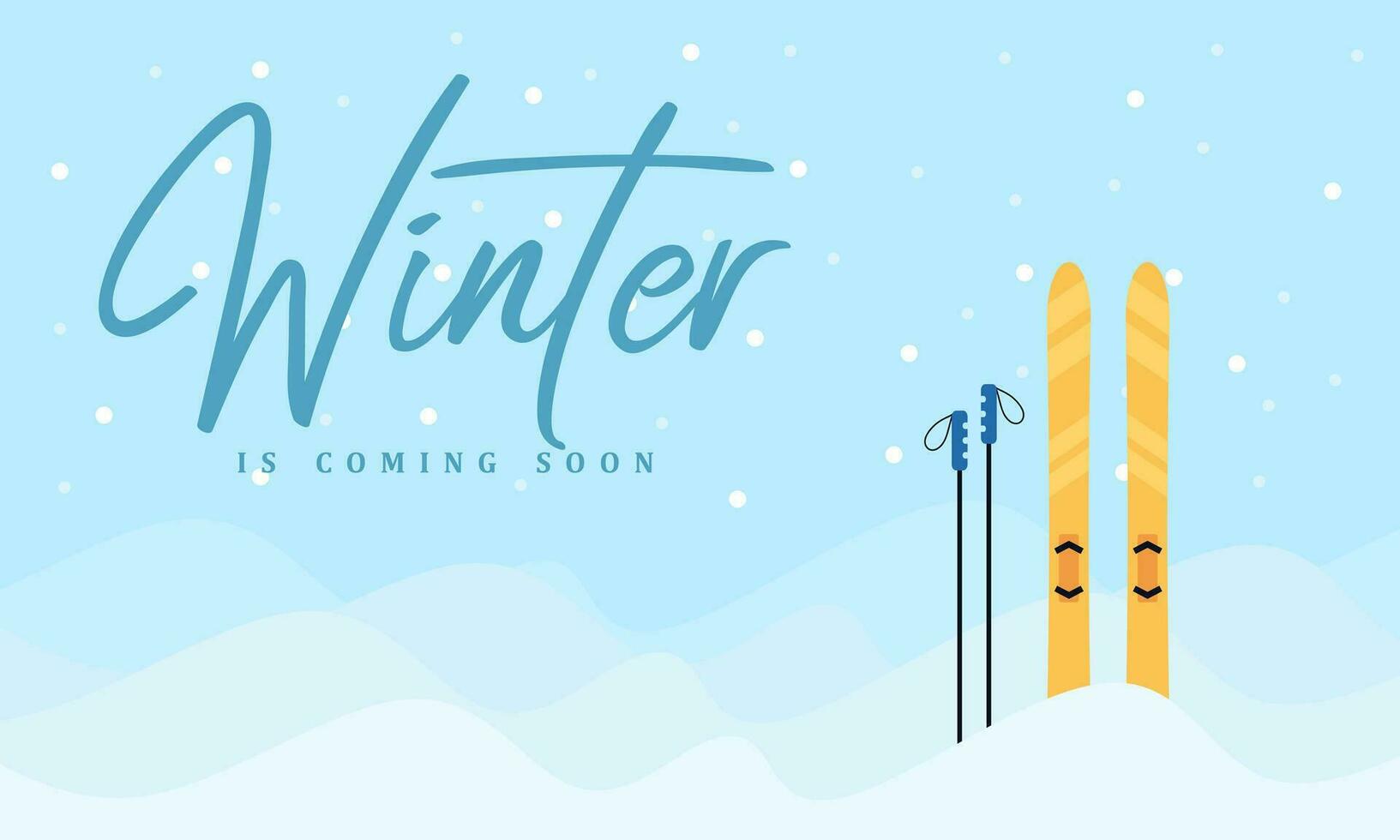 Winter Background with skis and poles background, Skiing in the mountains. Vector illustration in trendy flat style with pair of skis on the snowy landscape background.