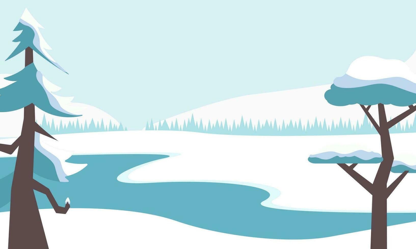 invierno paisaje. congelado río, montaña y bosque escenario. hermosa salvaje naturaleza en nieve, diciembre congelación clima. plano vector ilustración