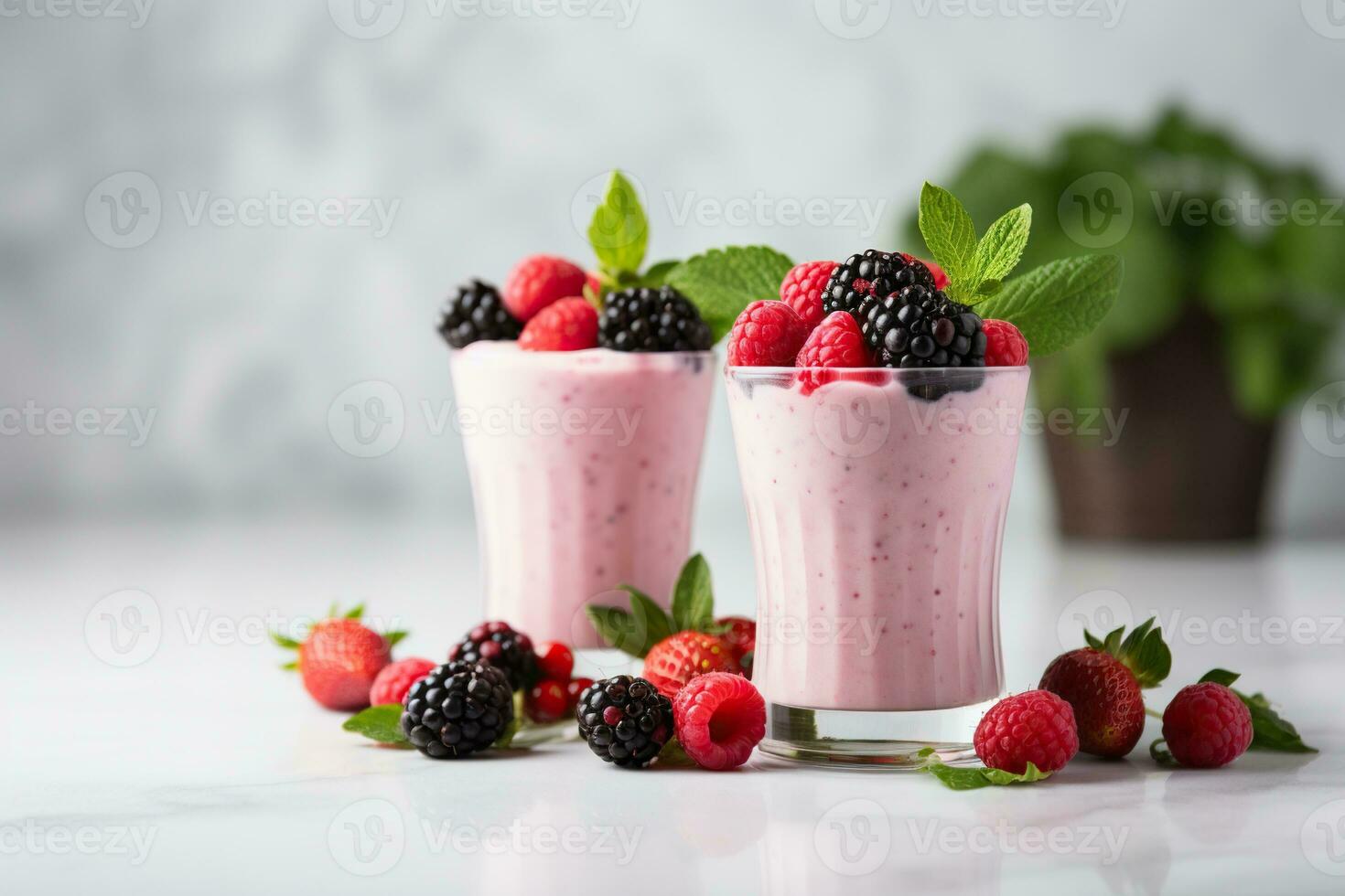 Two milk berry smoothies with berries and mint on white table. Generated by artificial intelligence photo