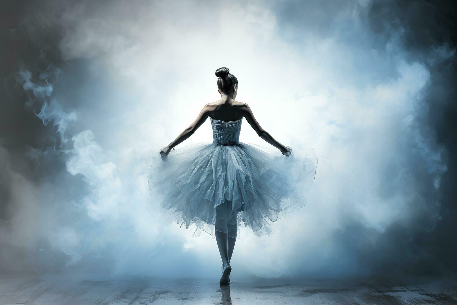 Ballerina silhouette in a fluffy dress on stage in clouds of smoke and spotlights. Generated by artificial intelligence photo