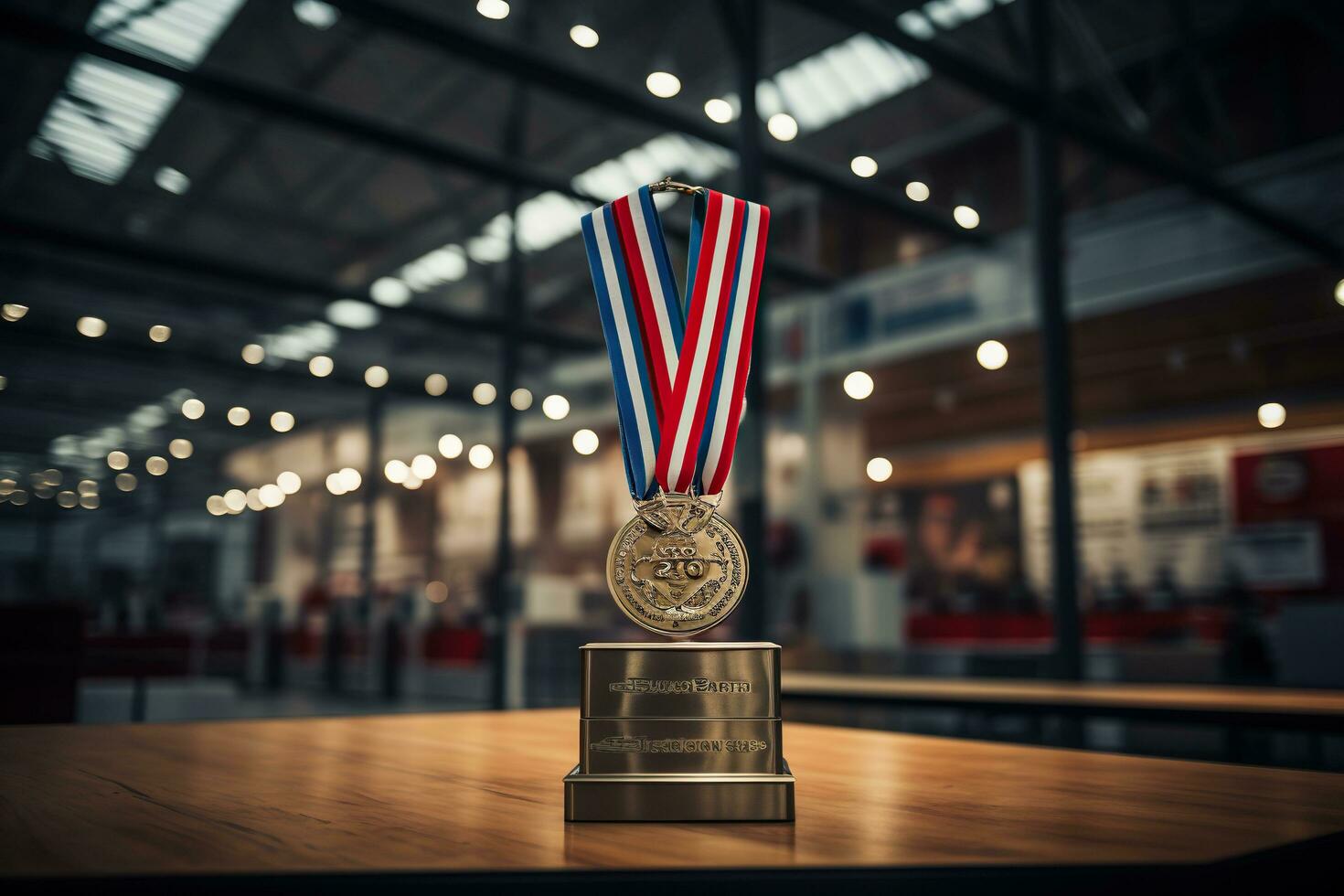 The winner's award in the form of medal on wooden table. Generated by artificial intelligence photo