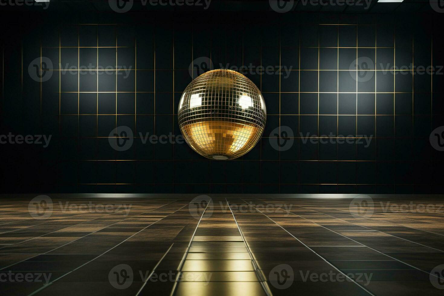 Golden disco ball in a dark empty room. Reflections of light on a disco ball. Generated by artificial intelligence photo