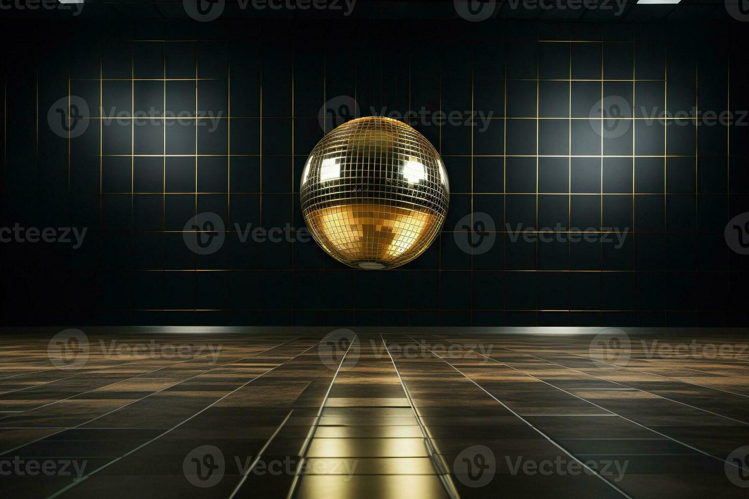 dorado disco pelota en un oscuro vacío habitación. reflexiones de ligero en un disco pelota. generado por artificial inteligencia foto