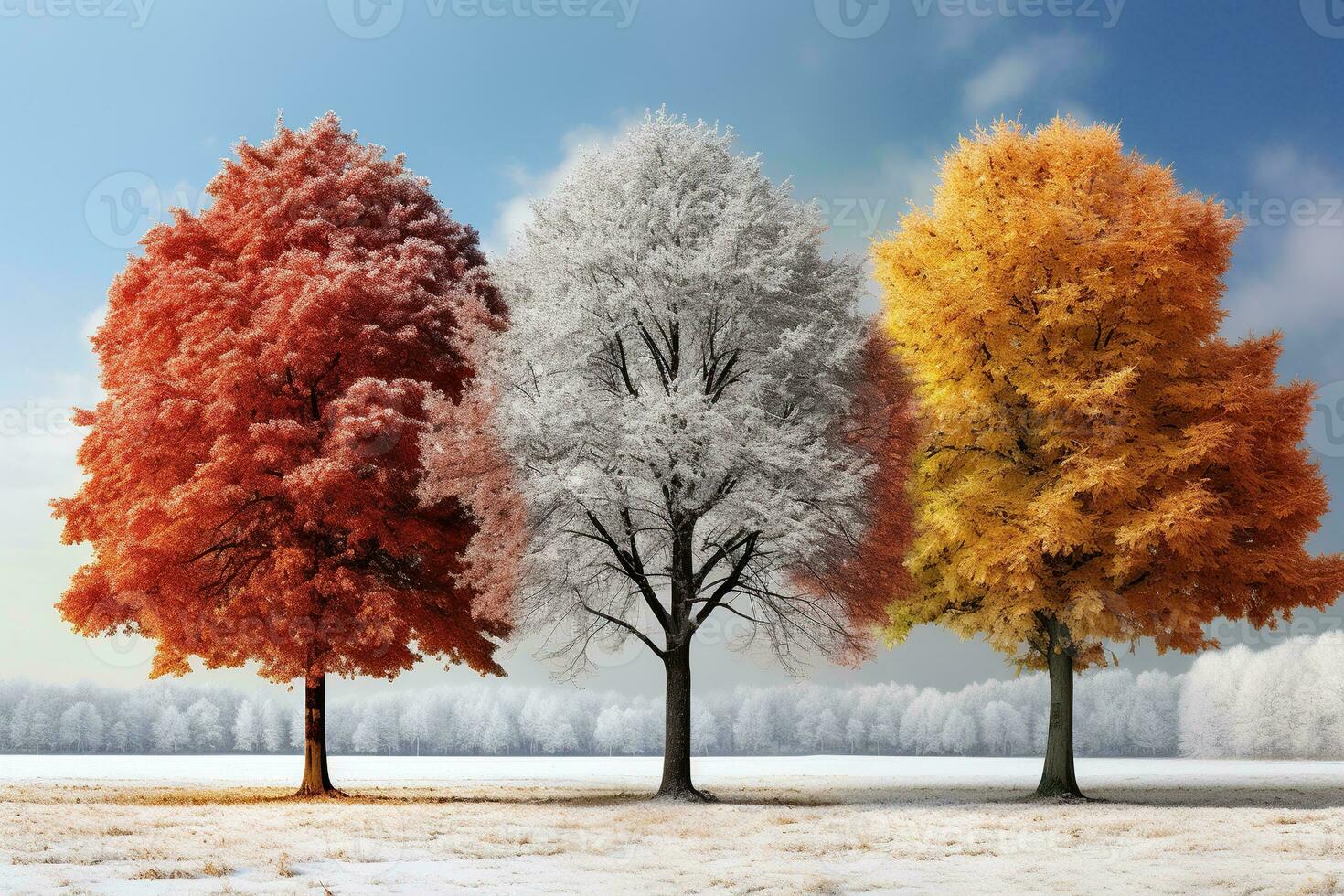 Three trees with red, yellow and white leaves stand in the middle of a snowy field. Unusual natural phenomenon concept. Generated by artificial intelligence photo