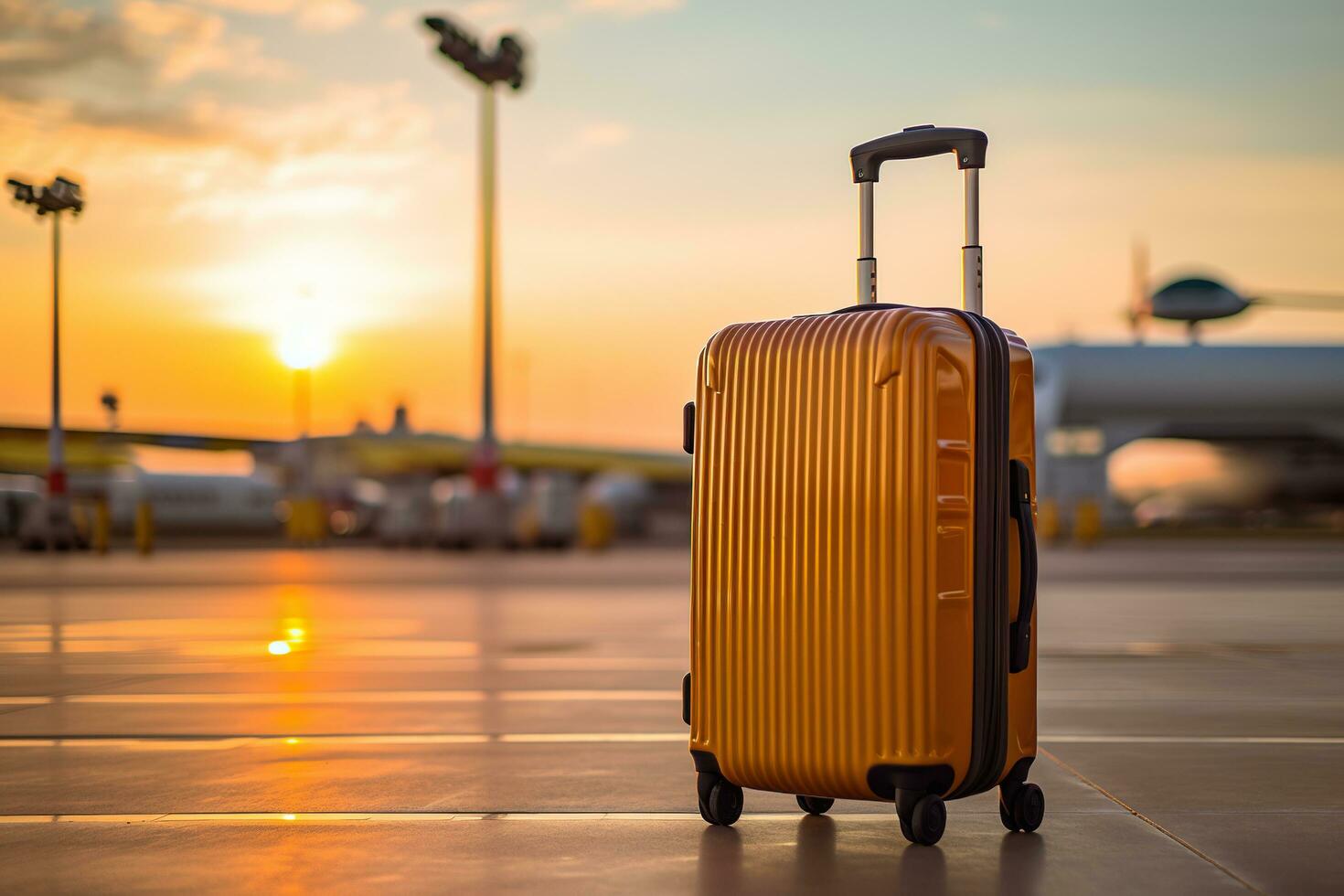 uno elegante maleta en ruedas soportes cerca el aeropuerto. concepto de vacaciones, de viaje por avión. generado por artificial inteligencia foto