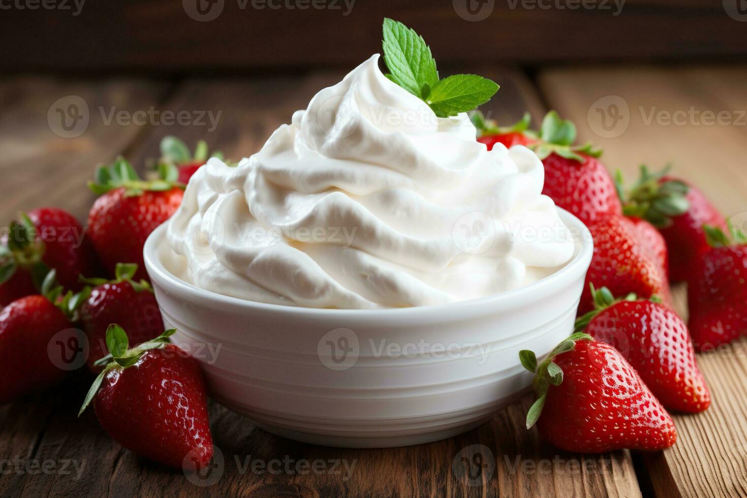 Delicious strawberries with whipped cream on a wooden table, close-up. Generated by artificial intelligence photo