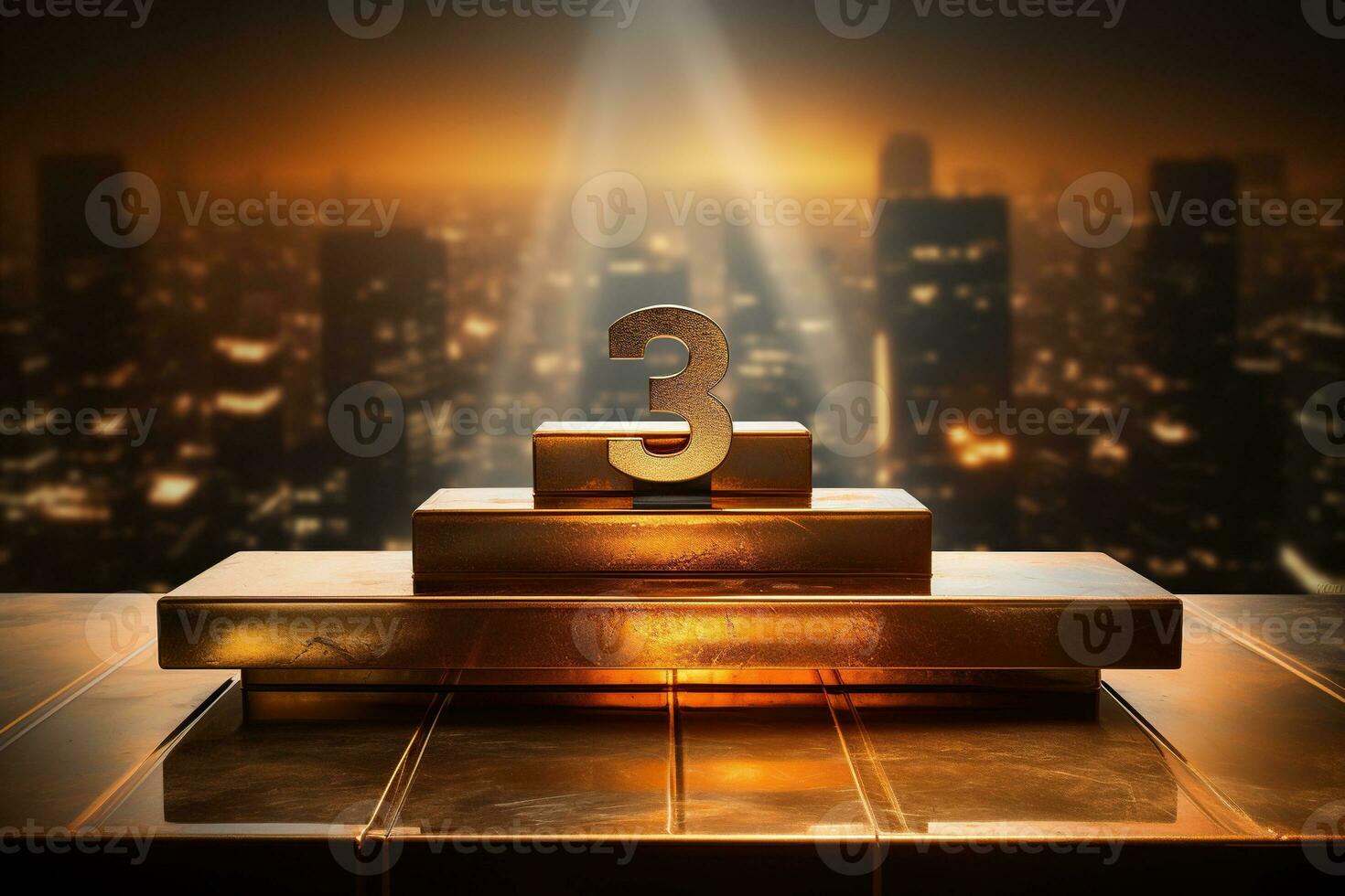 Gold trophy for third place. The number three is on a golden pedestal with a glow. Blurred city background. Generated by artificial intelligence photo