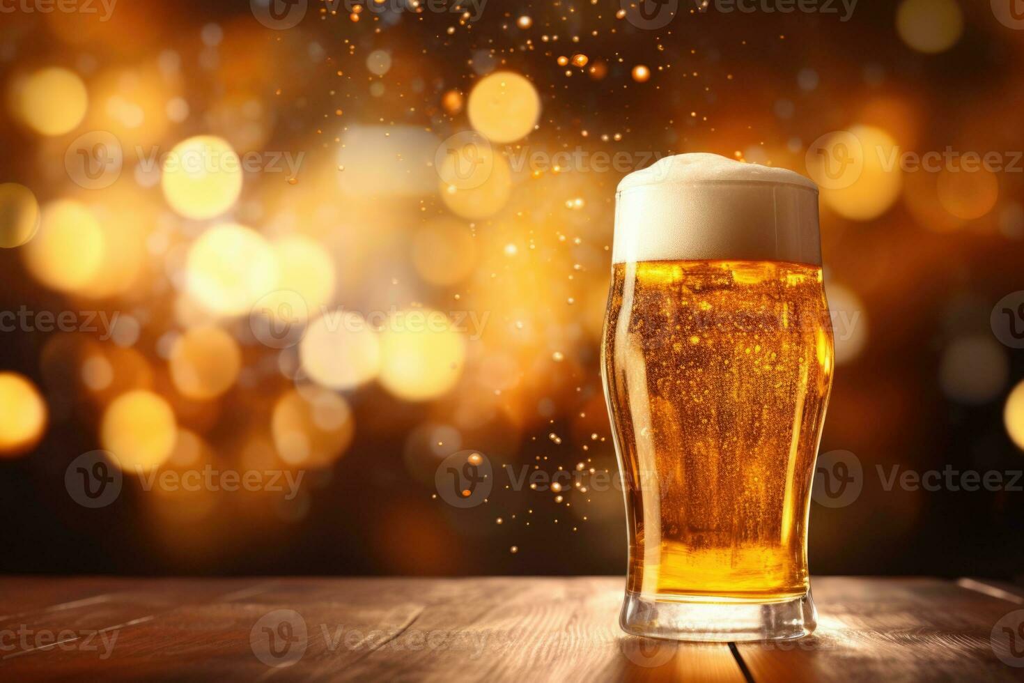 A glass of beer with a foam on a wooden tabletop on a blurred background. Generated by artificial intelligence photo