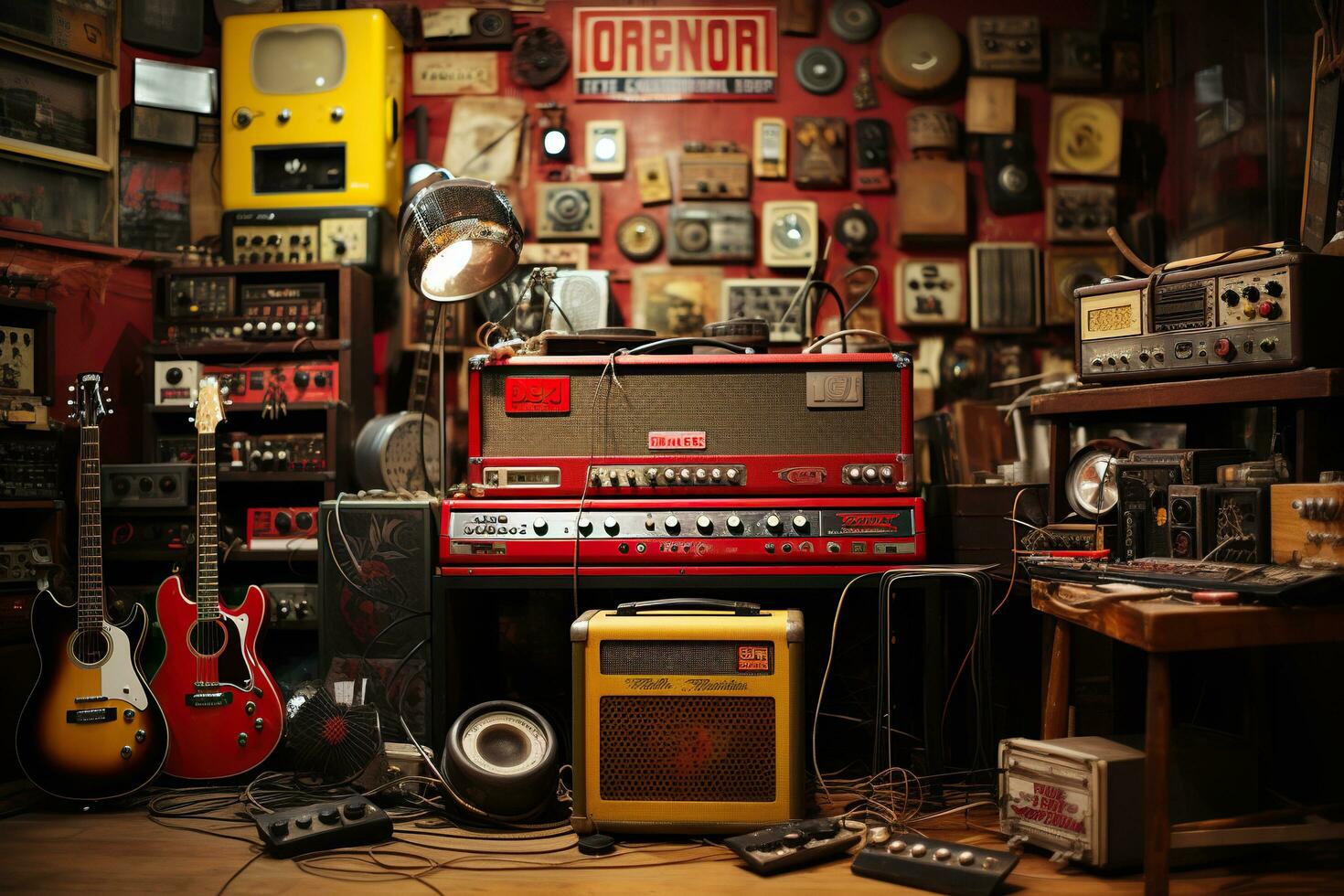 Room with vintage musical equipment. Generated by artificial intelligence photo