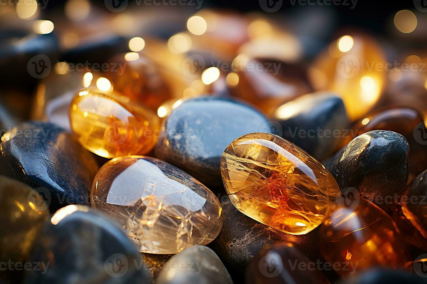Many amber glowing stones, horizontal background. Generative AI photo