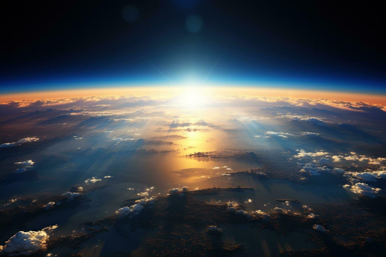Planet Earth with a breathtaking sunset. View from space. Generated by artificial intelligence photo