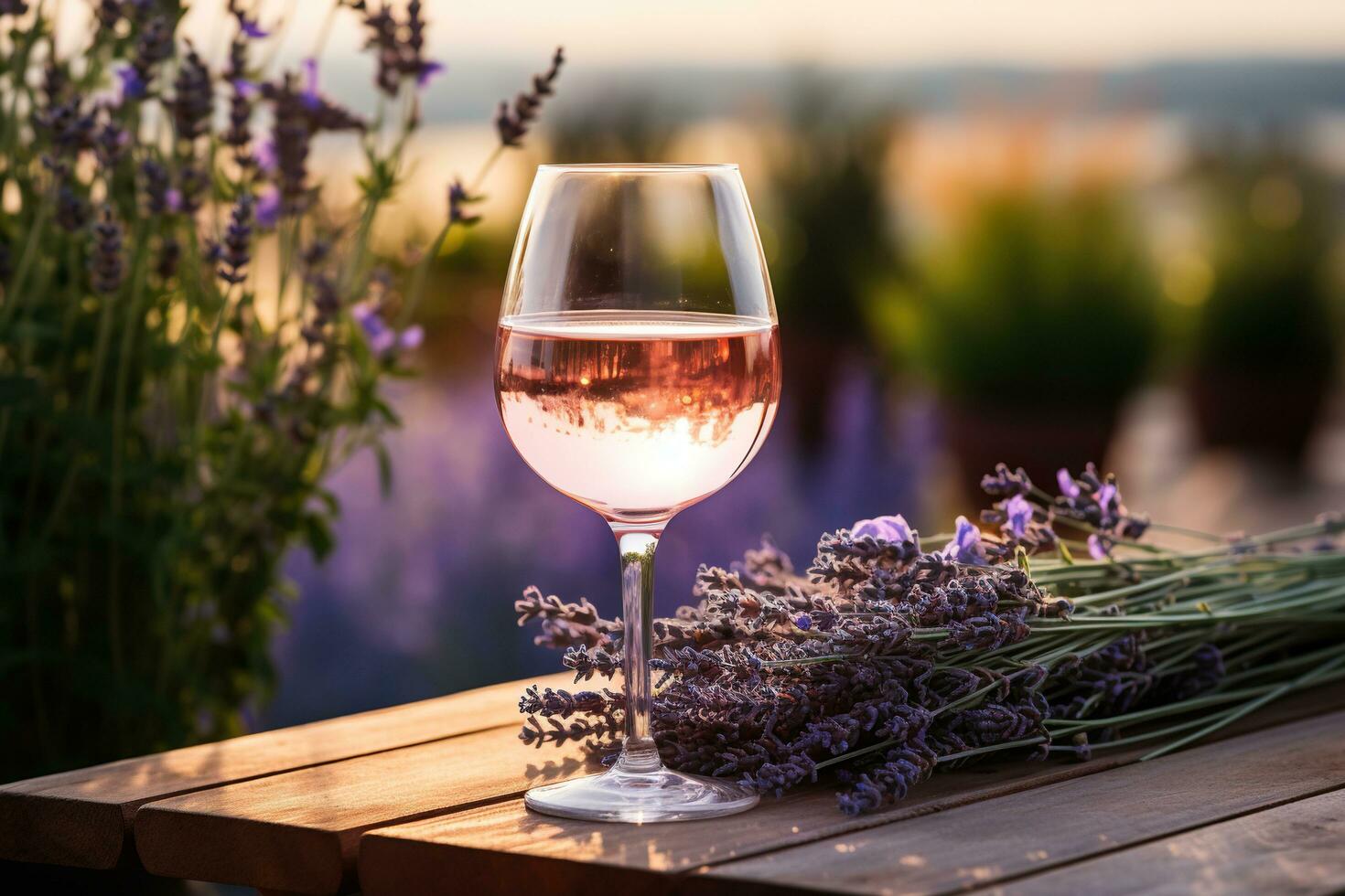 A glass of lavender wine on a wooden table in nature in the rays of sunset. Beautiful still life with a lavender bouquet and a glass of wine. Generated by artificial intelligence photo