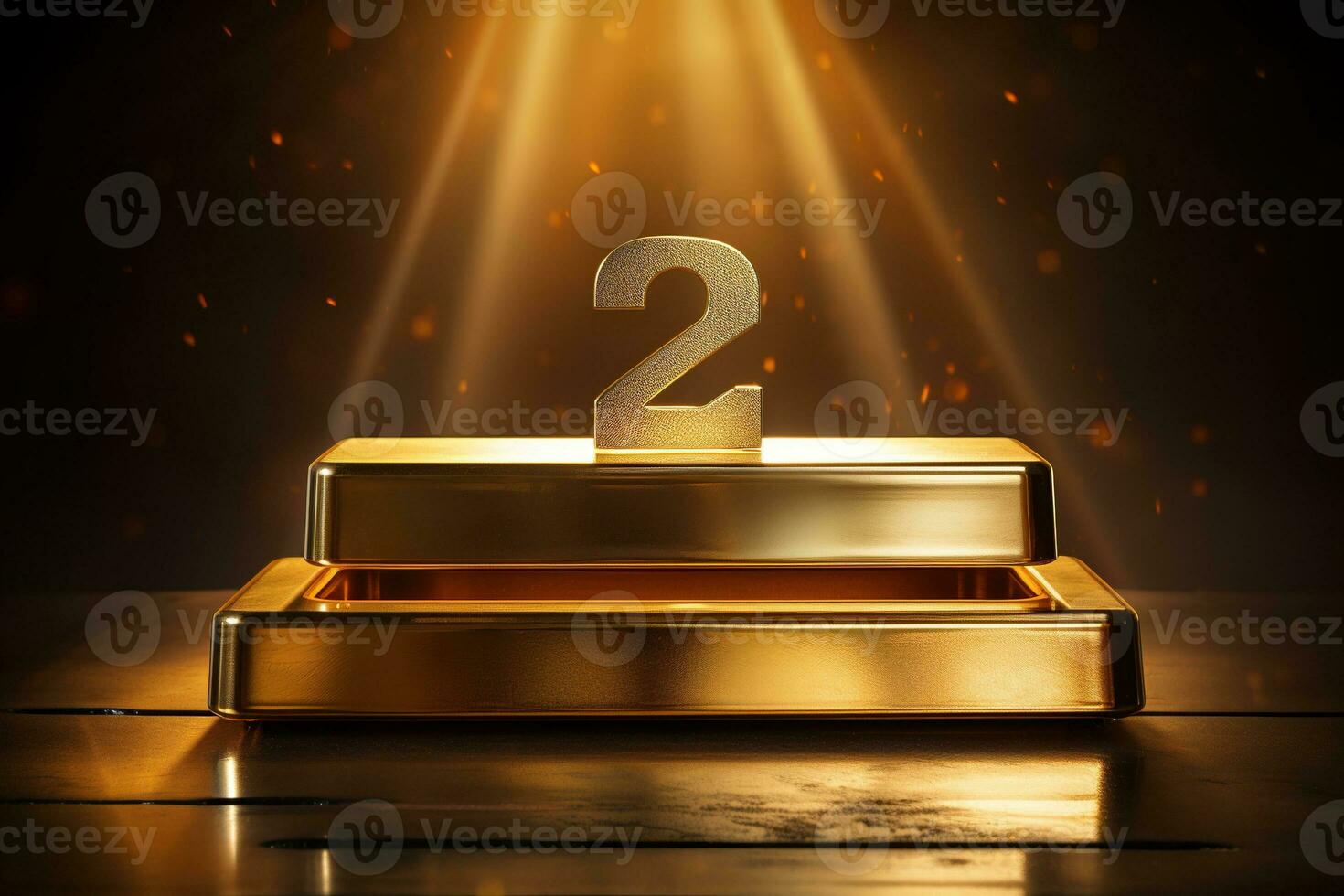 Gold trophy for second place. The number two is on a golden pedestal with a glow. Blurred background. Generated by artificial intelligence photo