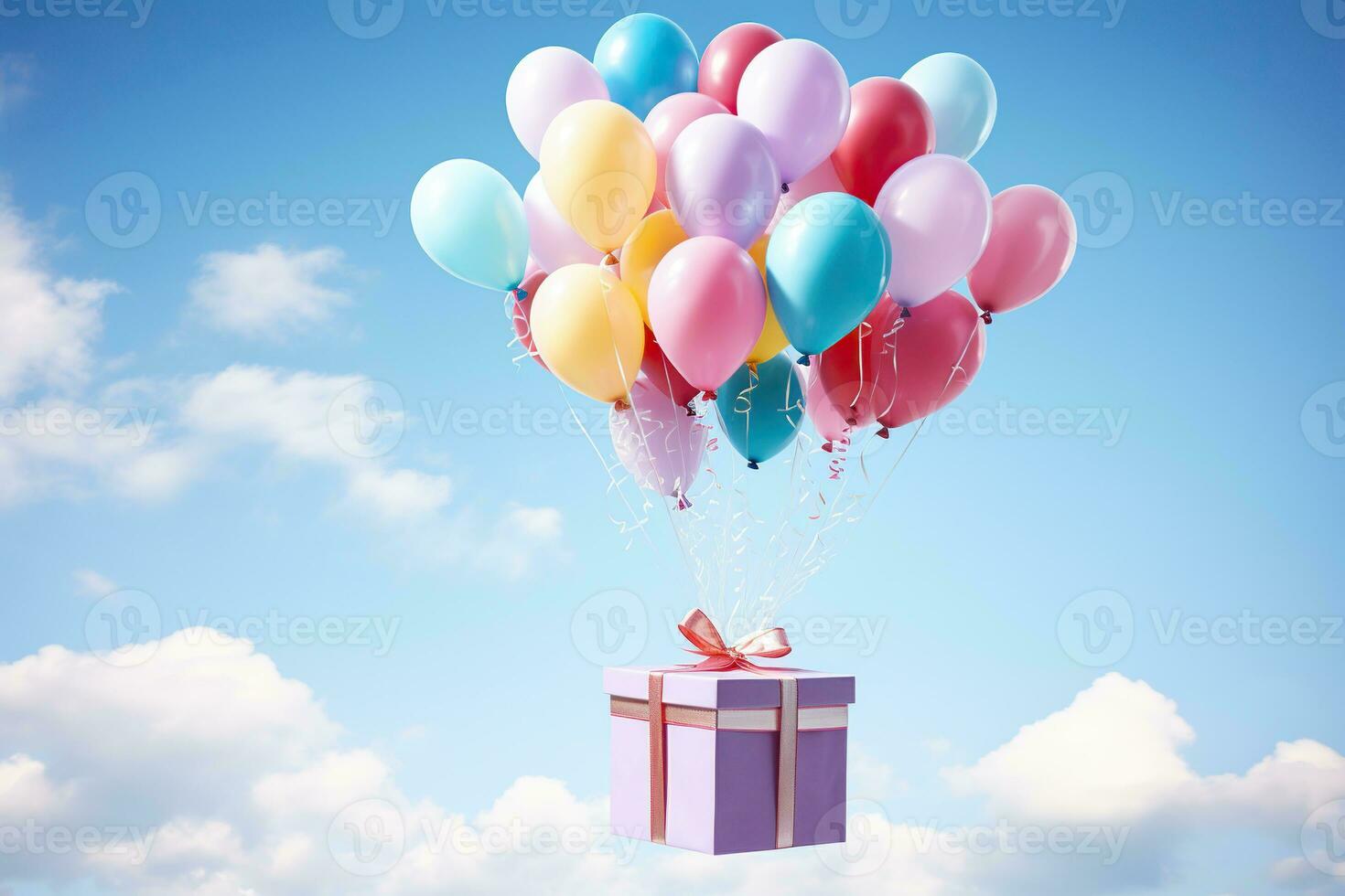 Gift flying on balloons in the sky with clouds. Design of greeting background, cards for Birthday, Valentine's Day. Generated by artificial intelligence photo