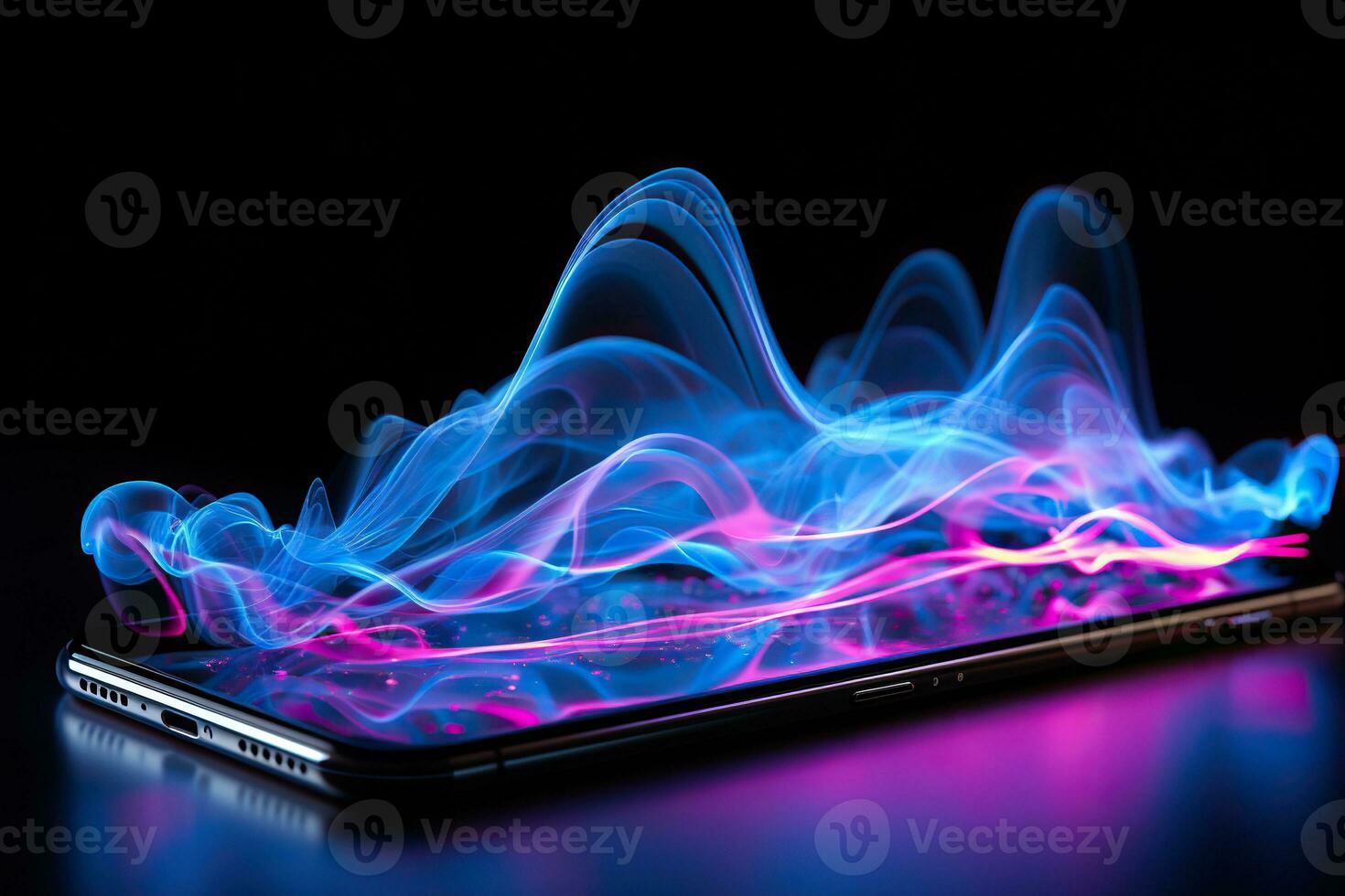 Abstract image of neon sound waves over a smartphone on a dark background. Music and entertainment concept. Generated by artificial intelligence photo