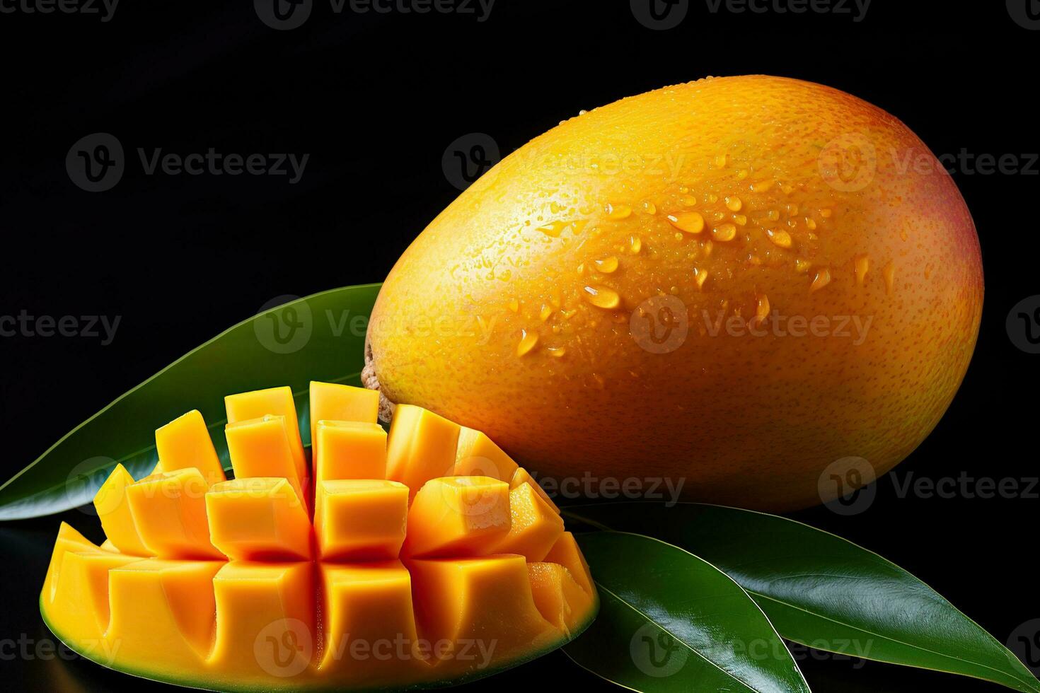 Tropical fruits. Ripe yellow mango fruit. Mango cut into pieces. Generated by artificial intelligence photo