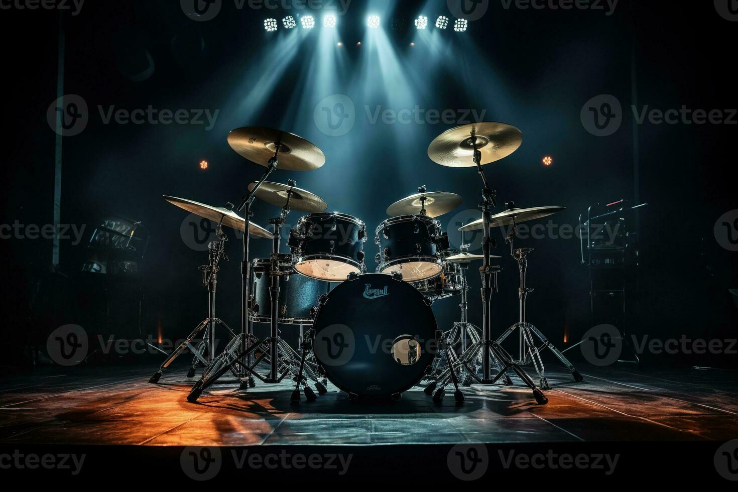 Drum set on stage in the rays of spotlights. Live music. Generated by artificial intelligence photo