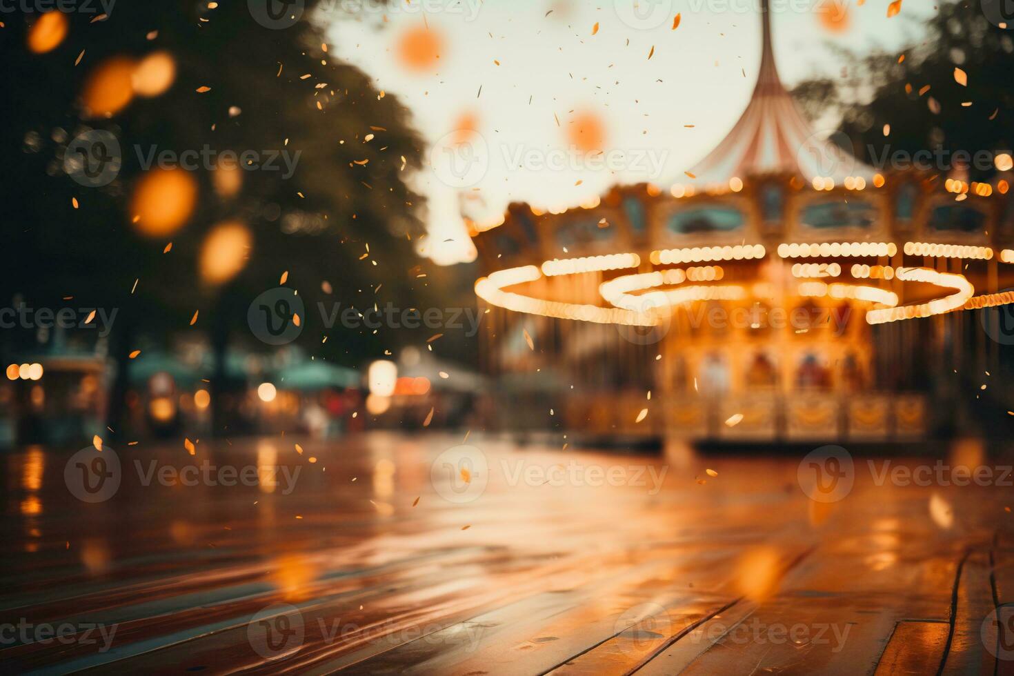 Evening amusement park, golden bokeh. Blurred amusement park background. Generated by artificial intelligence photo