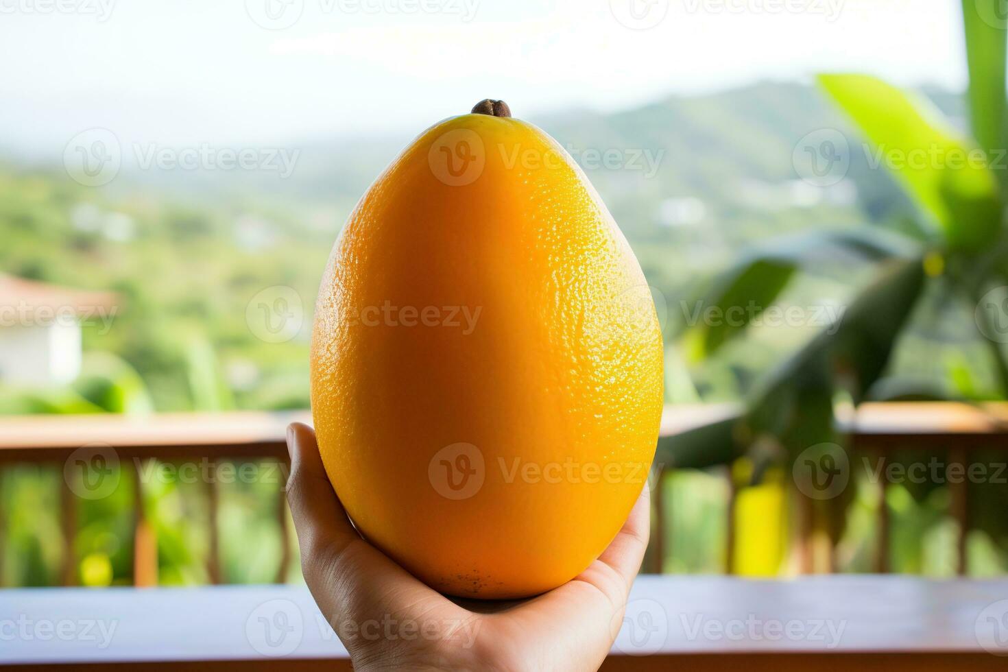 Ripe yellow mango fruit in hand against nature background. Generated by artificial intelligence photo
