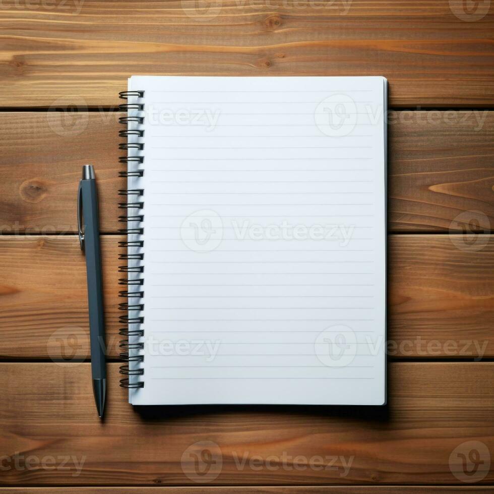 Blank notebook with white sheets and pen on a wooden table. Business concept. Generated by artificial intelligence photo