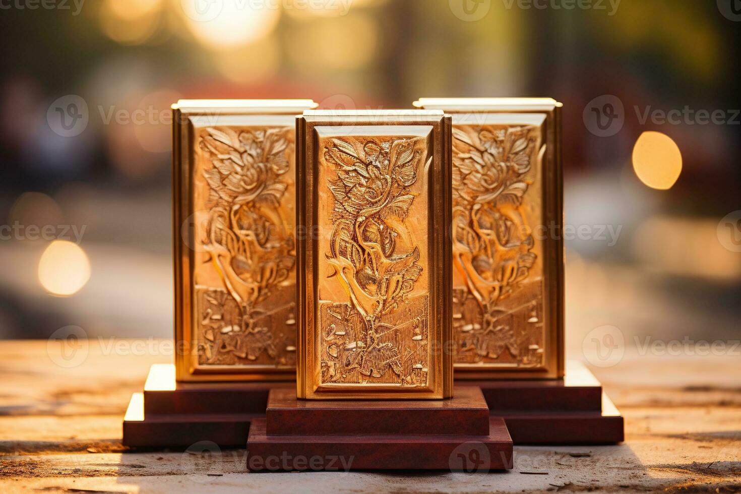 Winner's award in the form of gold bars on a wooden surface with golden bokeh in the background. Generated by artificial intelligence photo