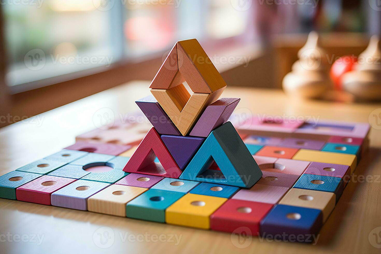 Colorful wooden toys. Wooden geometric shapes on a wooden table. Wooden play set. Generated by artificial intelligence photo