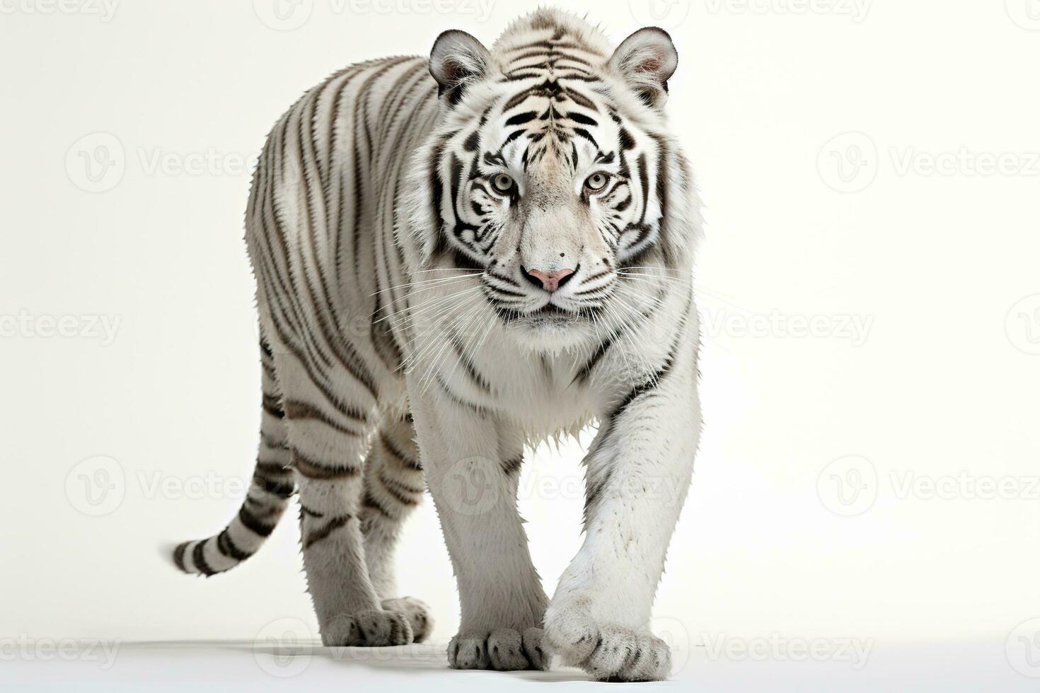 Adult white tiger with wet fur, isolated on a white background. Generated by artificial intelligence photo