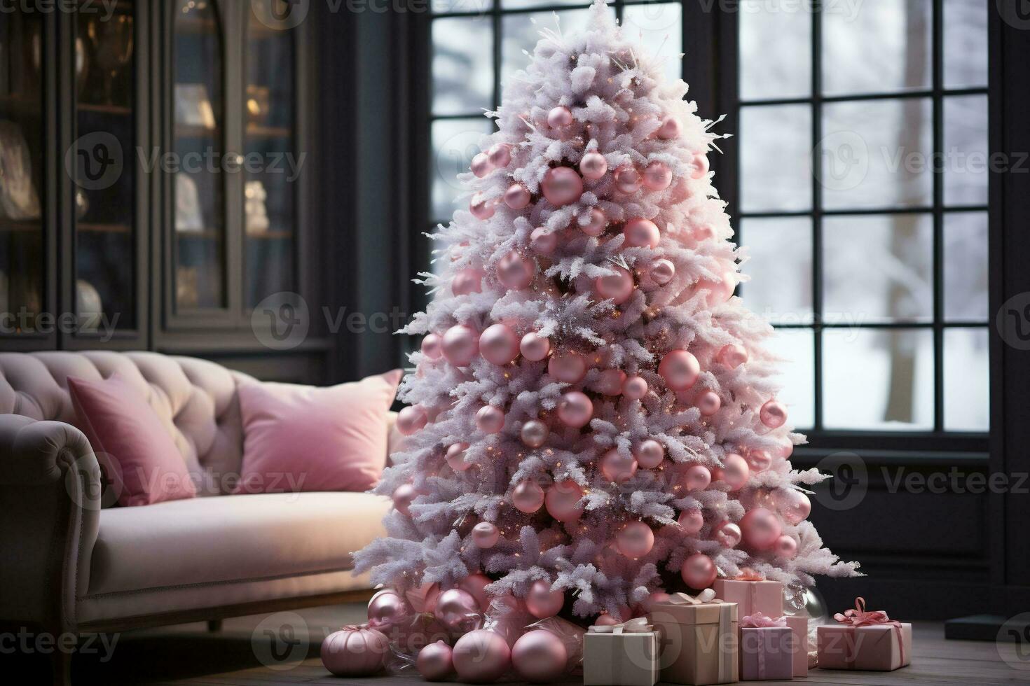 A pink Christmas tree decorated with big pink decorations in a dark gray room, a pink sofa with pillows and a large window. Christmas gifts under the tree. Copy space photo