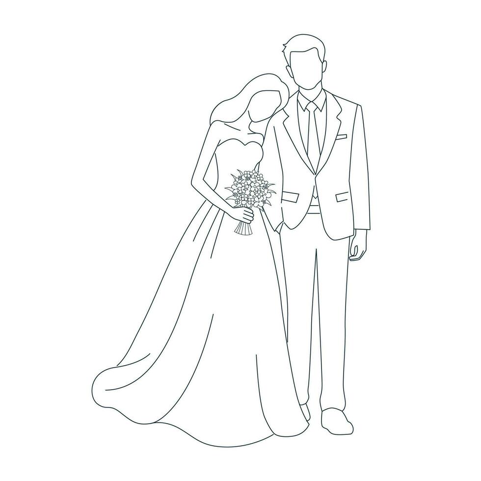 Happy wedding bride and groom at wedding ceremony. Beautiful wedding couple in wedding clothes, couple with beauty wedding bouquet line art vector