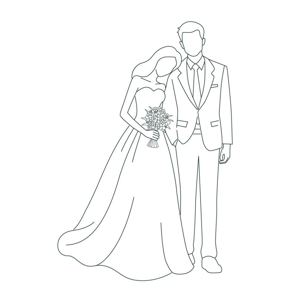 Happy wedding bride and groom at wedding ceremony. Beautiful wedding couple in wedding clothes, couple with beauty wedding bouquet line art vector