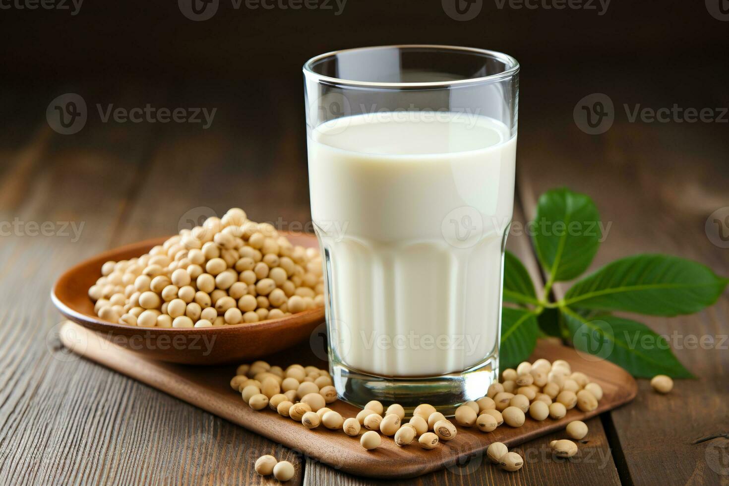 Soy milk and soy bean on wooden background. Healthy eating concept. Generated by artificial intelligence photo