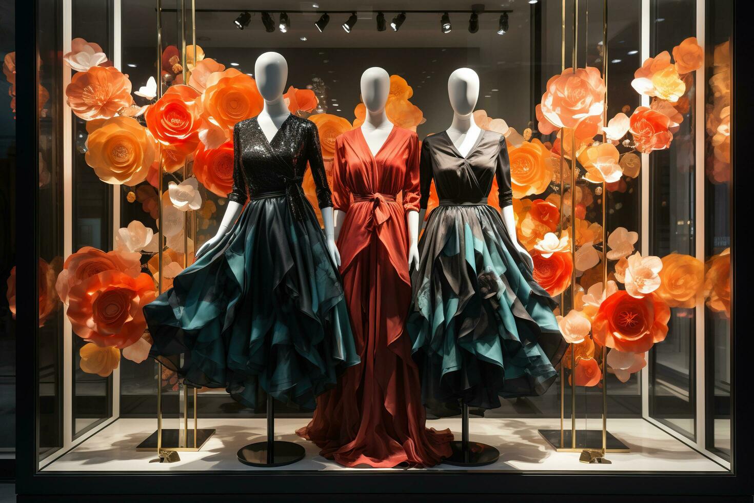 hermosa De las mujeres vestidos en maniquíes en un Moda Tienda ventana. Moda estilo. generado por artificial inteligencia foto