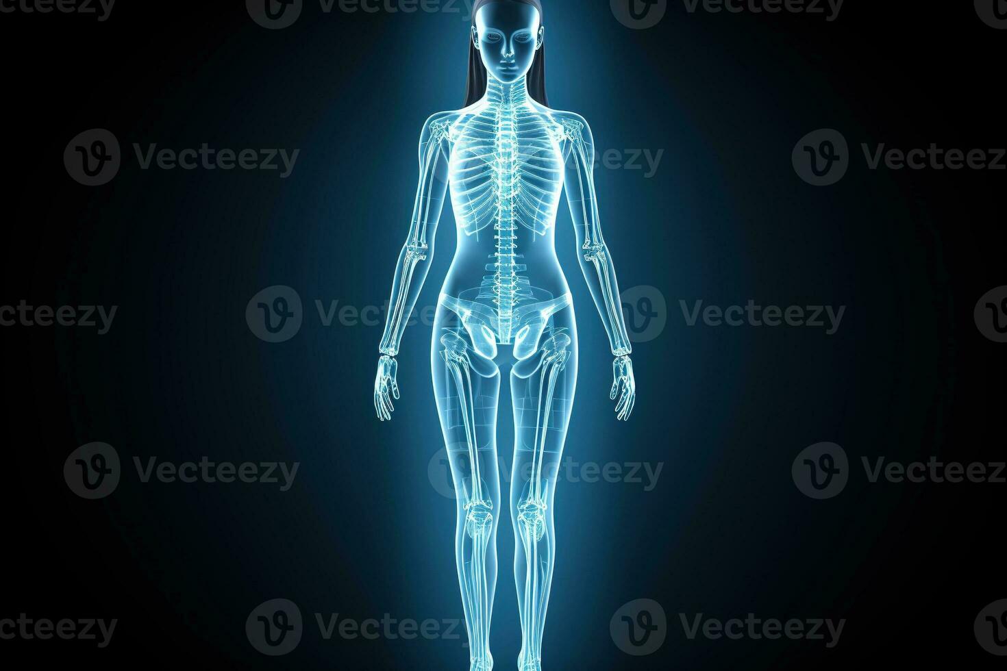 Full body x-ray of a female robot against a dark background. Generated by artificial intelligence photo